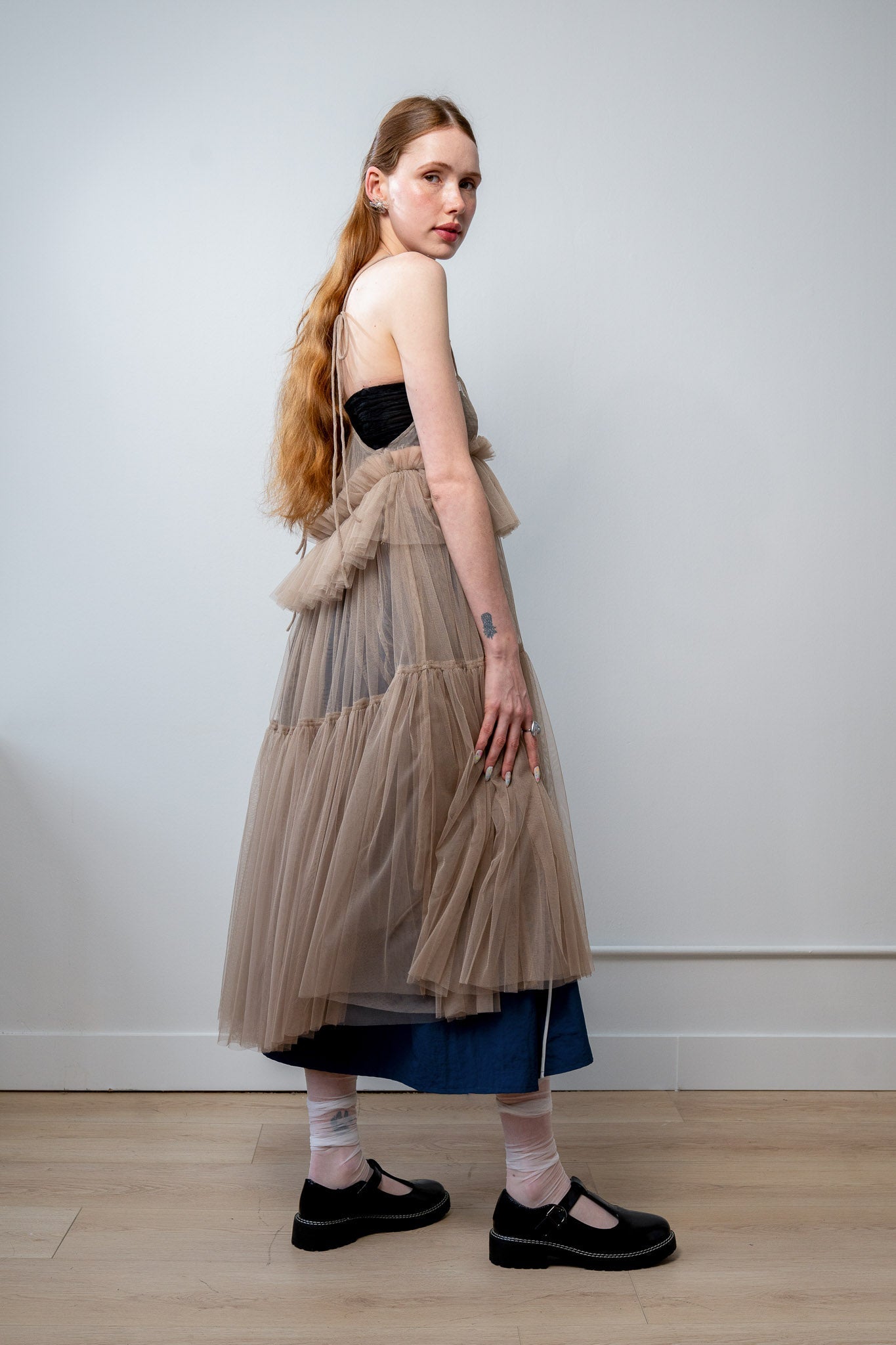 Beige Georgia Tiered Ruffle Tulle Dress - ALEX S. YU