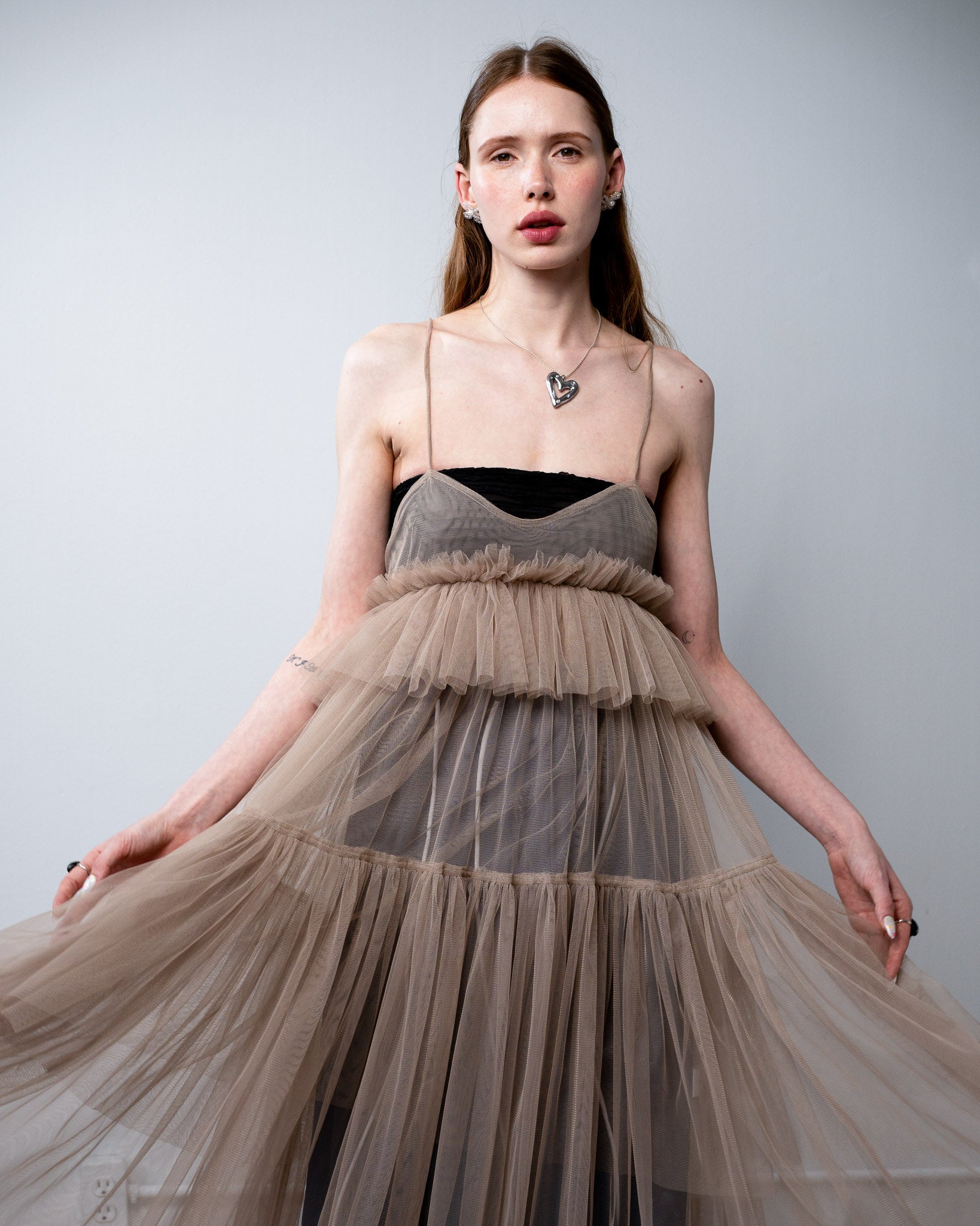 Beige Georgia Tiered Ruffle Tulle Dress - ALEX S. YU