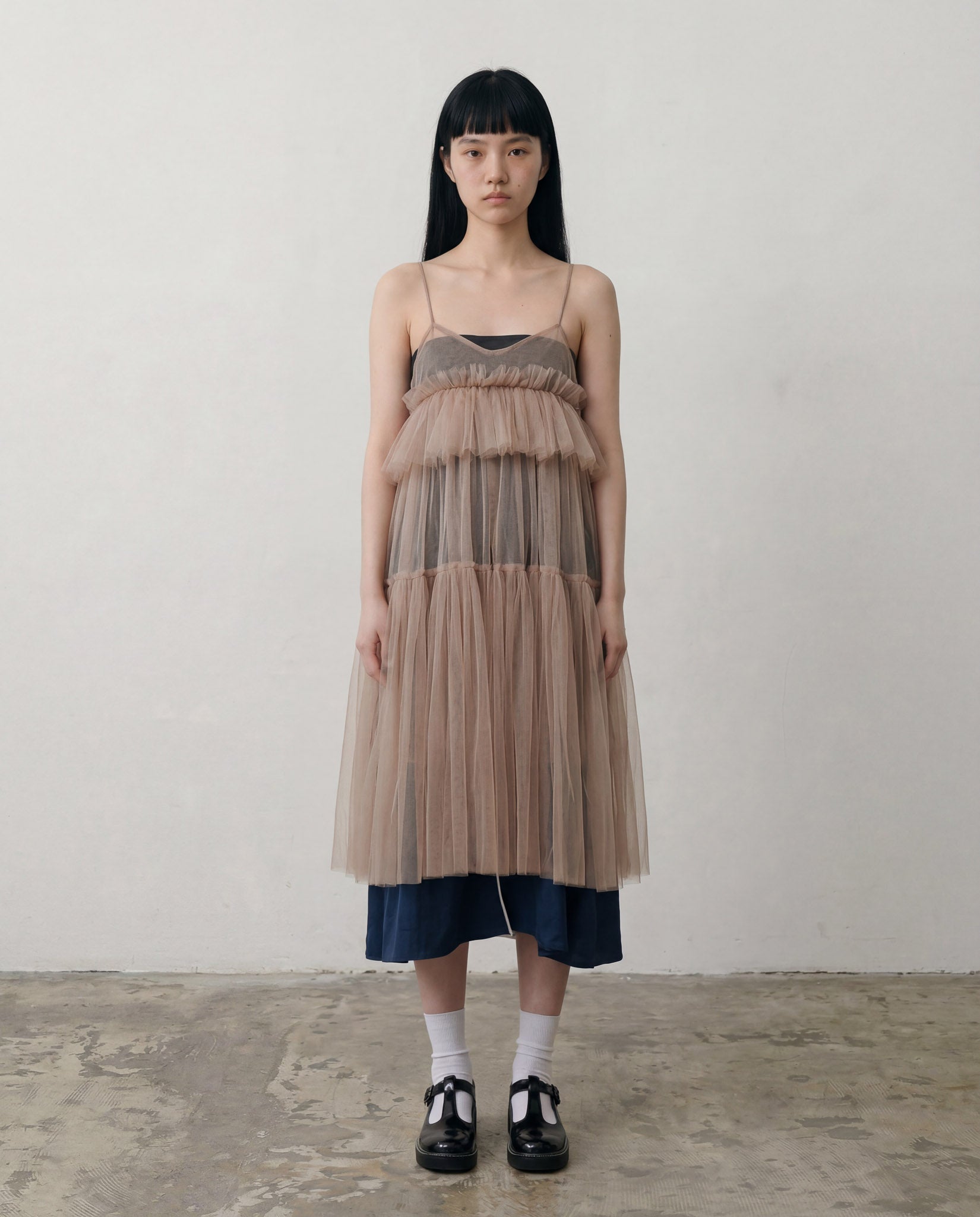 Beige Georgia Tiered Ruffle Tulle Dress - ALEX S. YU