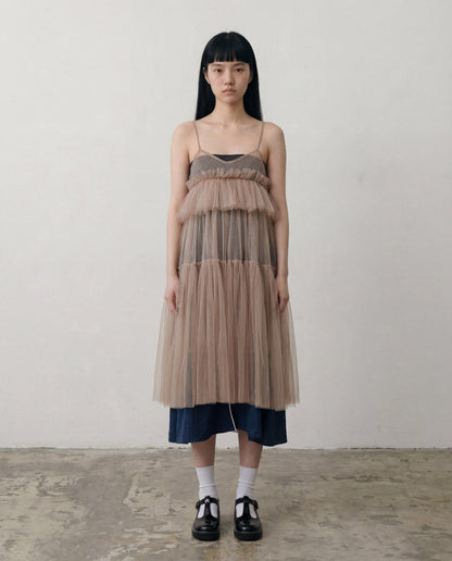 Beige Georgia Tiered Ruffle Tulle Dress - ALEX S. YU