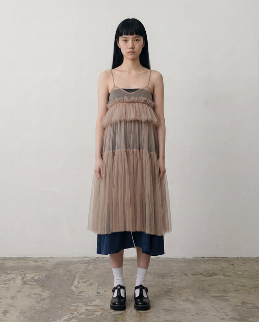 Beige Georgia Tiered Ruffle Tulle Dress - ALEX S. YU