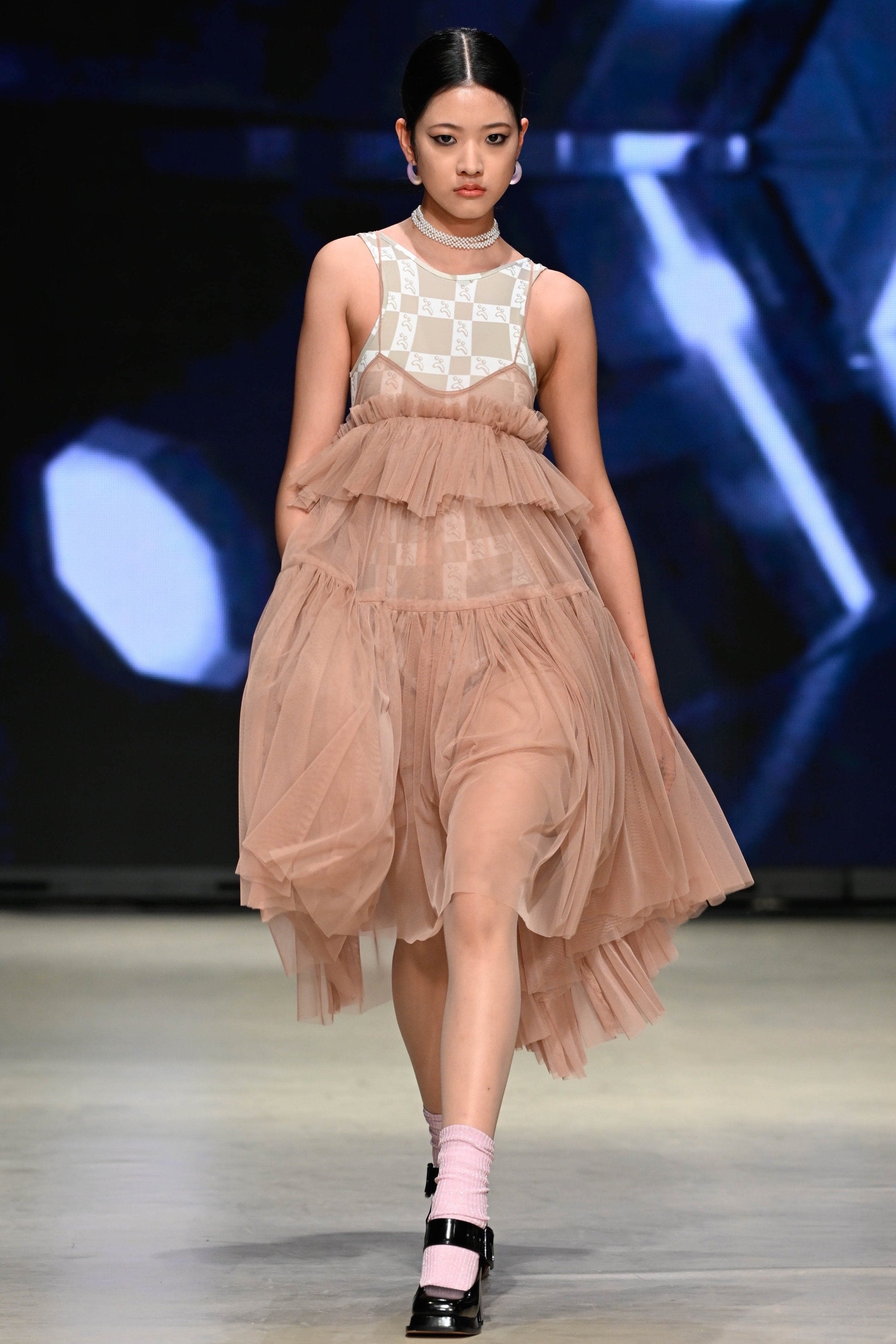 Beige Georgia Tiered Ruffle Tulle Dress - ALEX S. YU