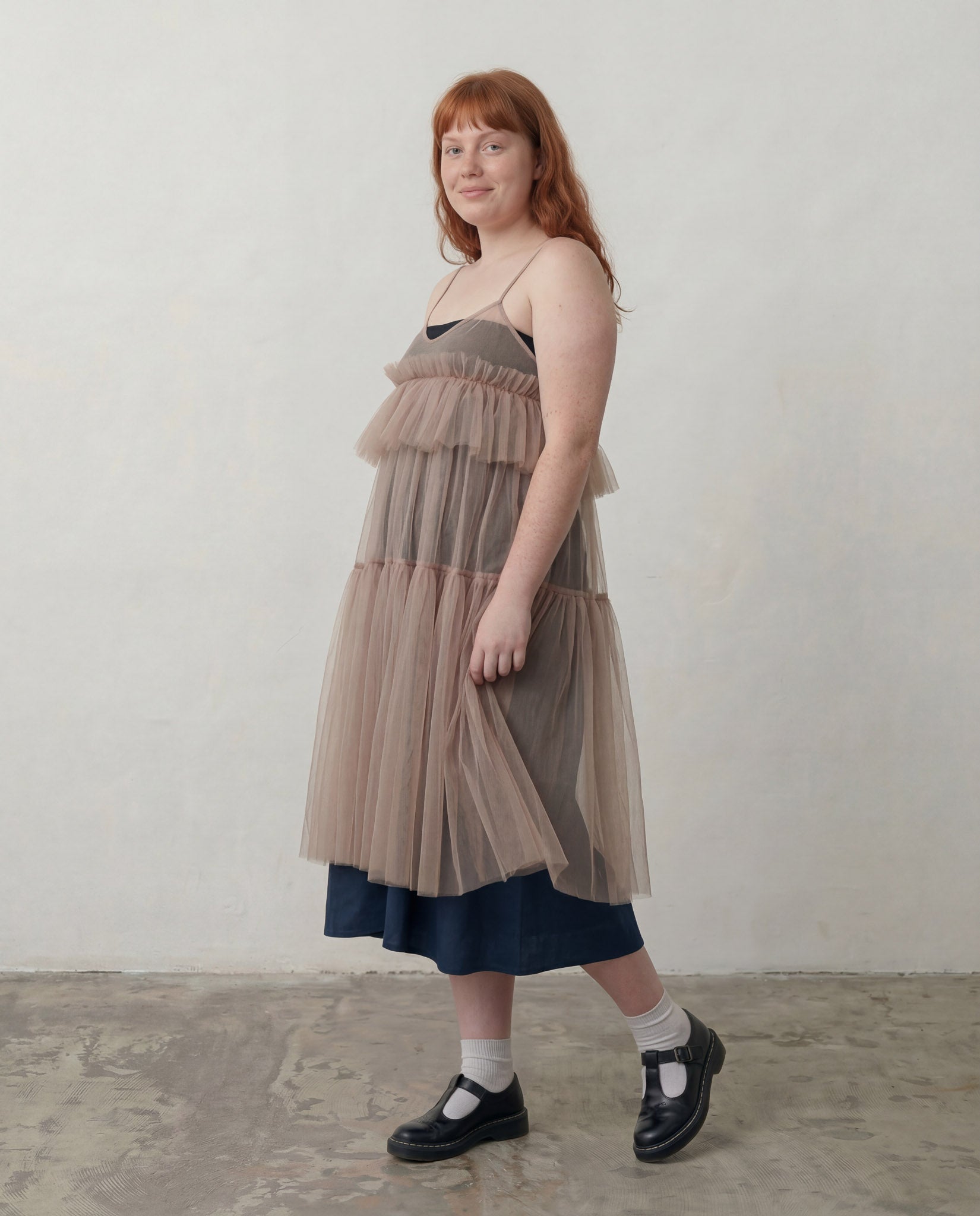 Beige Georgia Tiered Ruffle Tulle Dress - ALEX S. YU