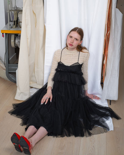 Black Georgia Tiered Ruffle Tulle Dress - ALEX S. YU
