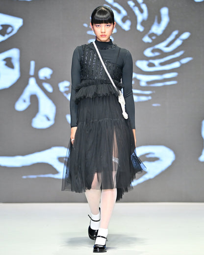 Black Georgia Tiered Ruffle Tulle Dress - ALEX S. YU