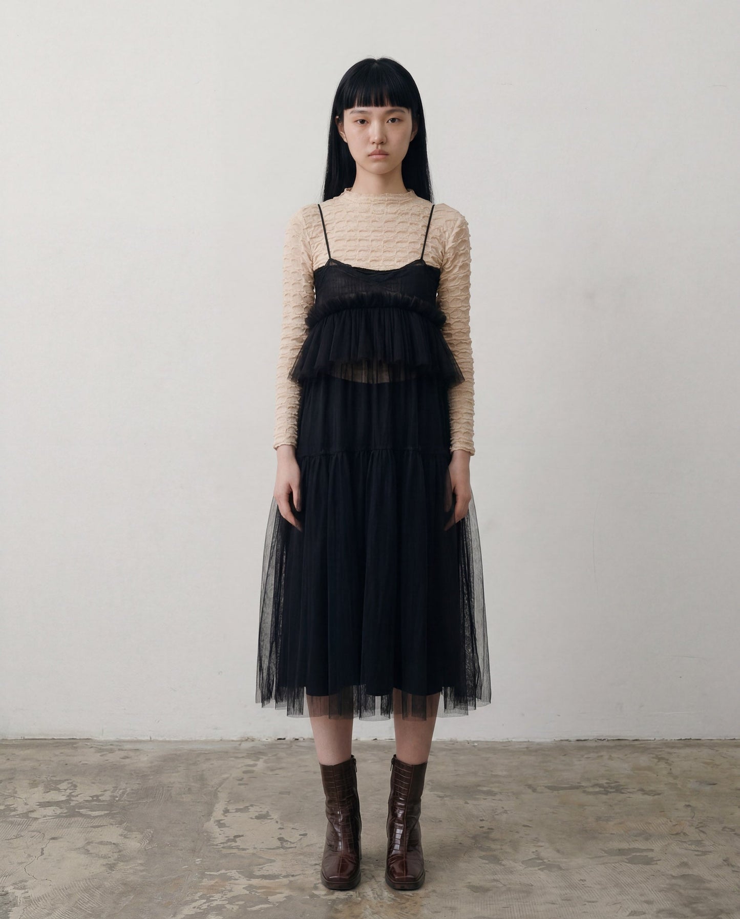 Black Georgia Tiered Ruffle Tulle Dress - ALEX S. YU