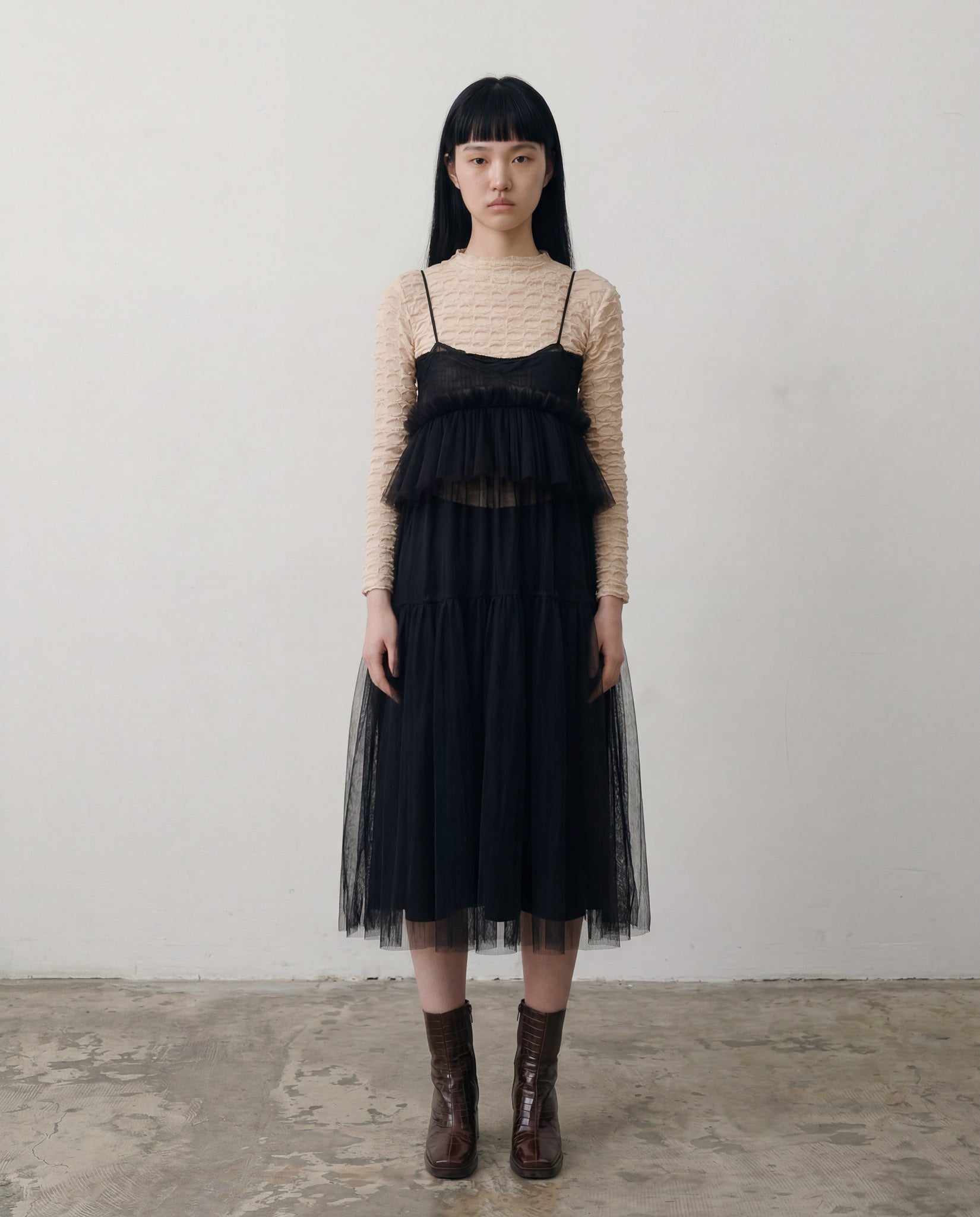 Black Georgia Tiered Ruffle Tulle Dress - ALEX S. YU