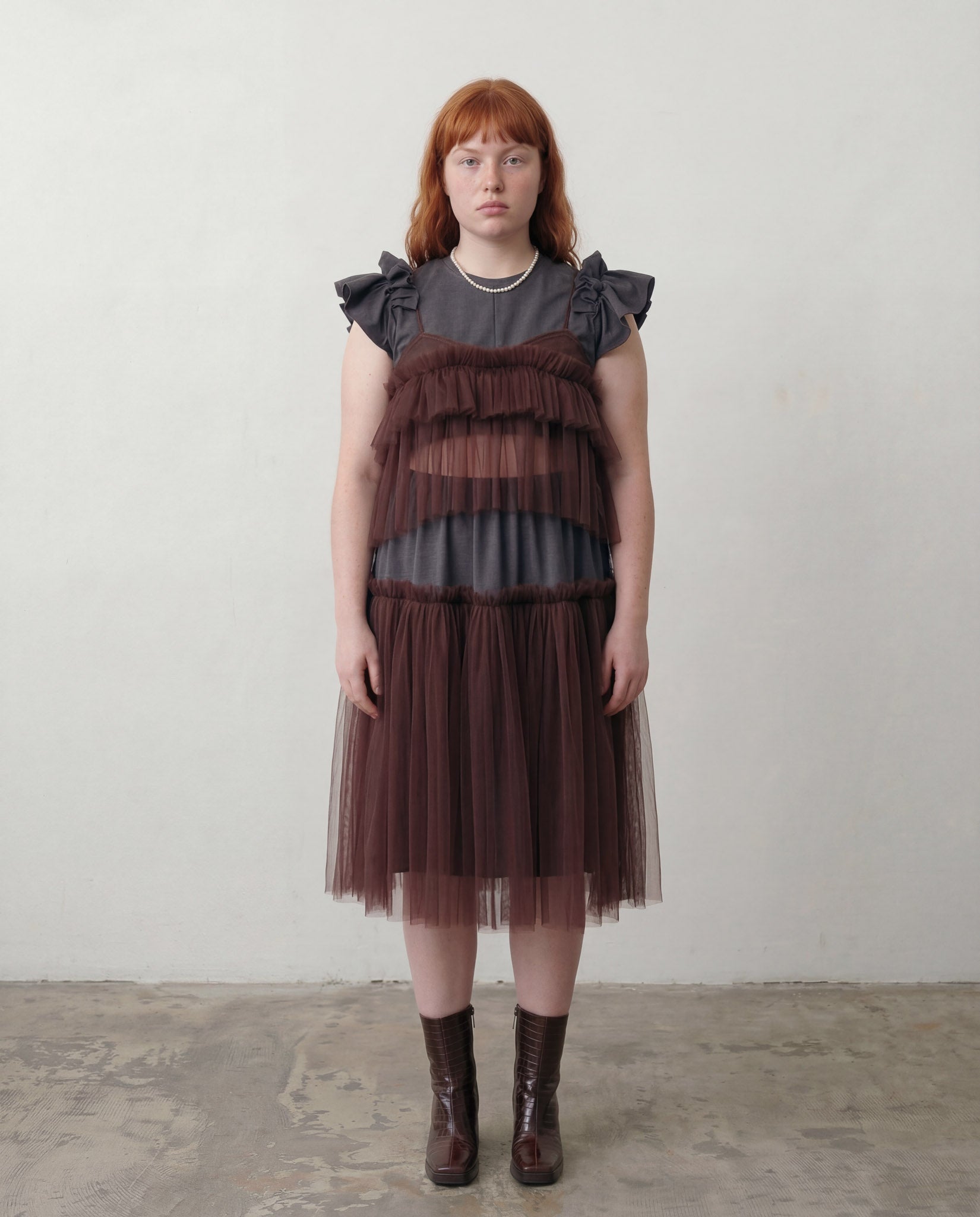 Brown Cecile Ruffled Tulle Layering Top - ALEX S. YU