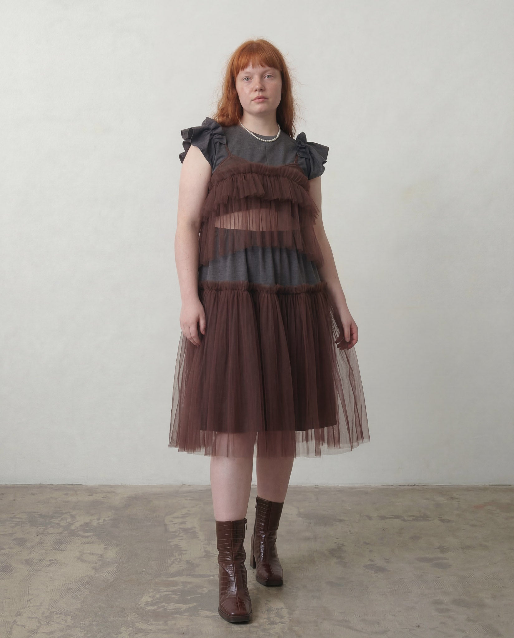 Brown Cecile Ruffled Tulle Layering Top