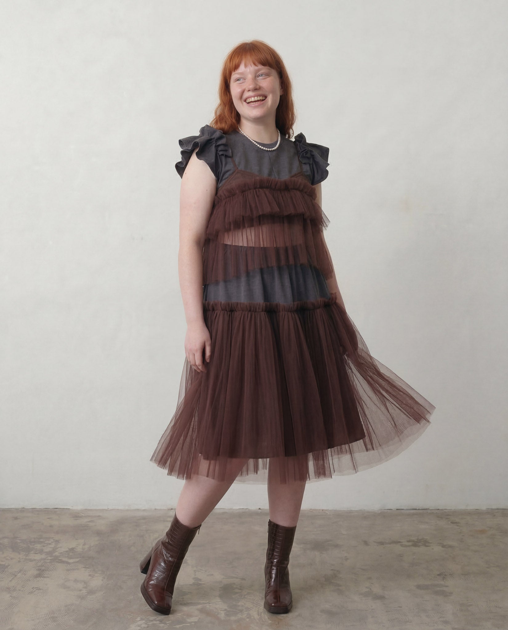 Brown Cecile Ruffled Tulle Layering Top