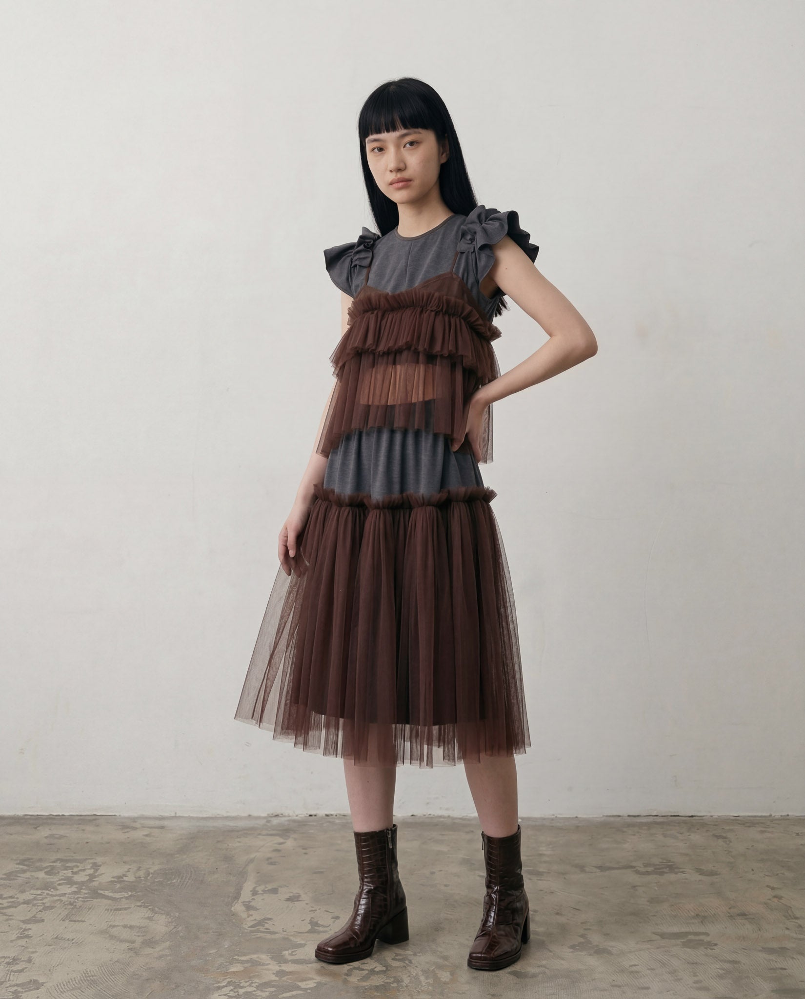 Brown Cecile Ruffled Tulle Layering Top - ALEX S. YU