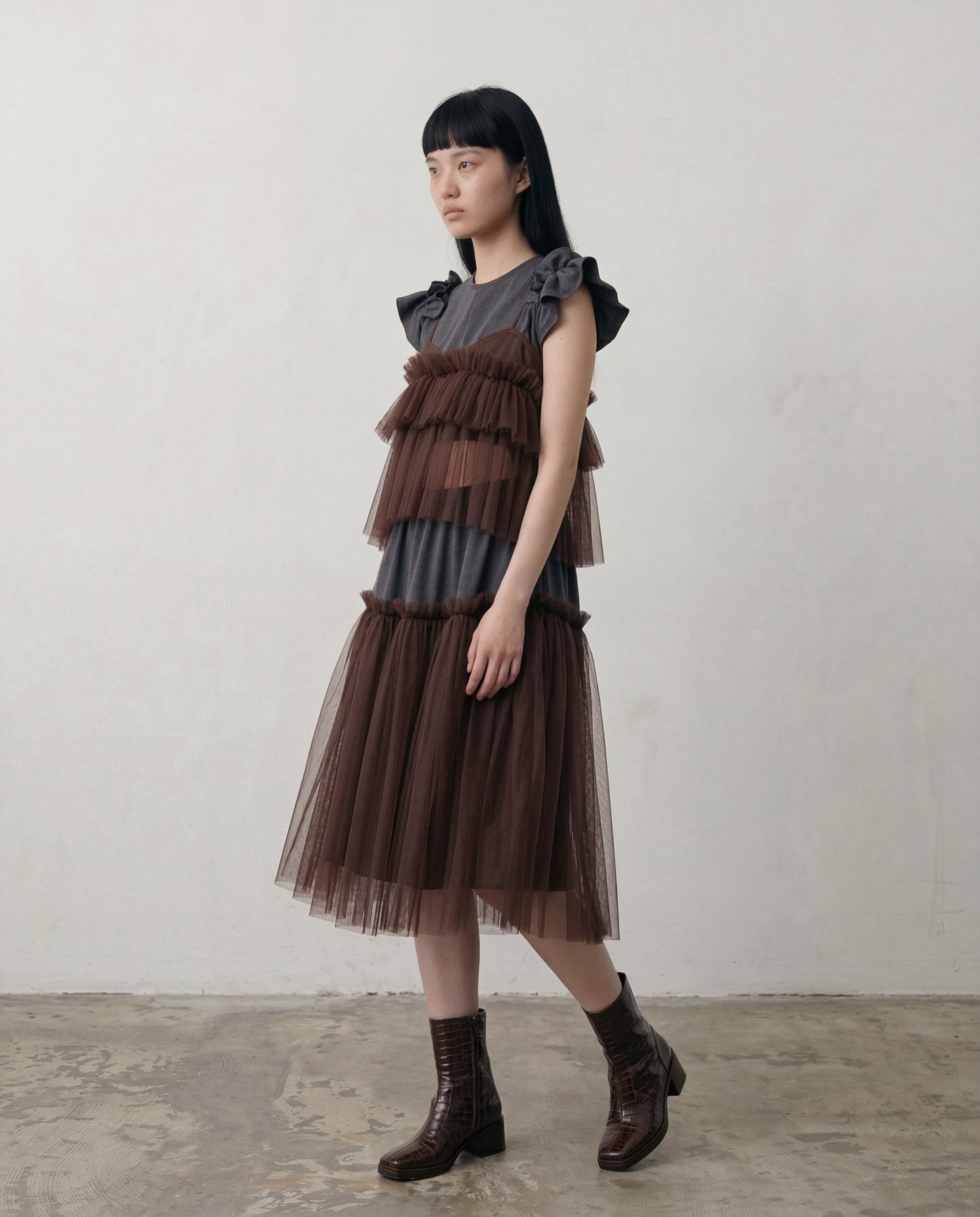 Brown Cecile Ruffled Tulle Layering Top - ALEX S. YU