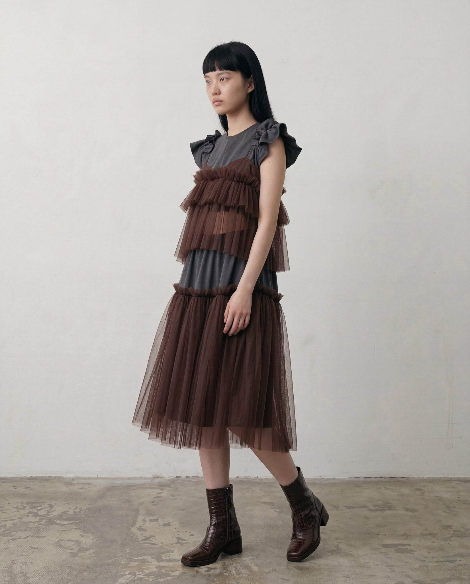 Brown Cecile Ruffled Tulle Layering Top - ALEX S. YU