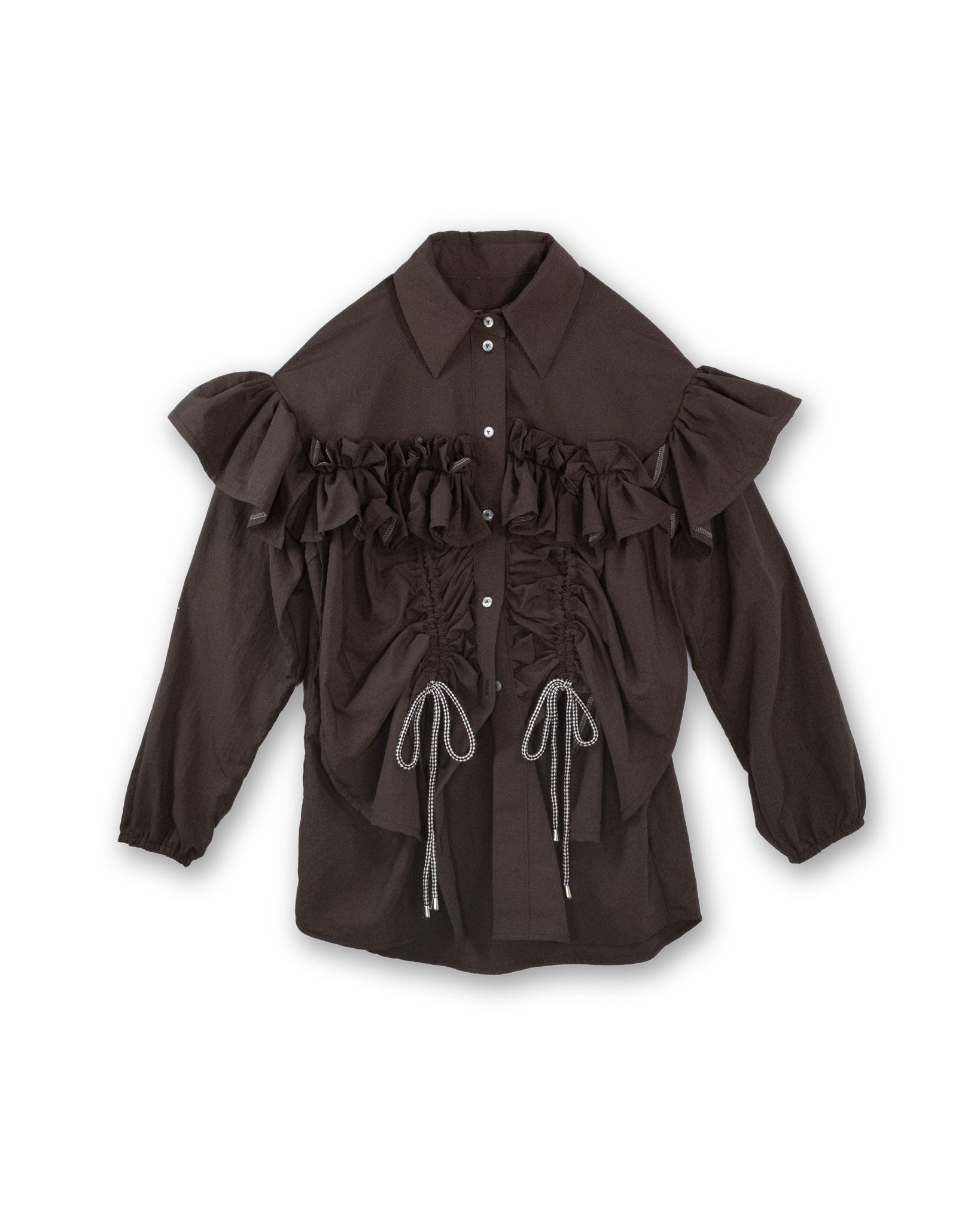 Front view of the Riley Shirt, a boxy nylon top with bust and shoulder ruffles by ALEX S. YU.