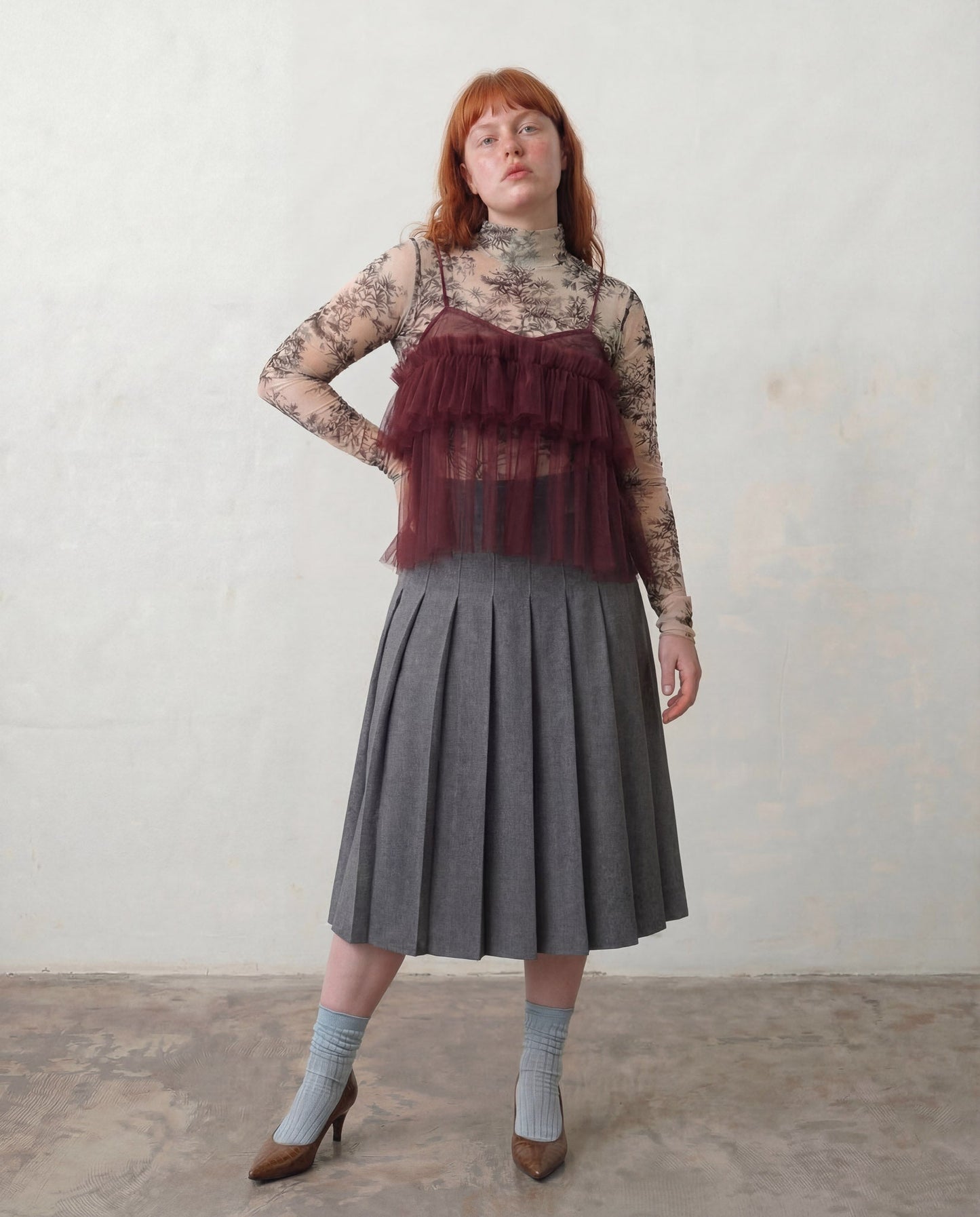 Burgundy Cecile Ruffled Tulle Layering Top - ALEX S. YU