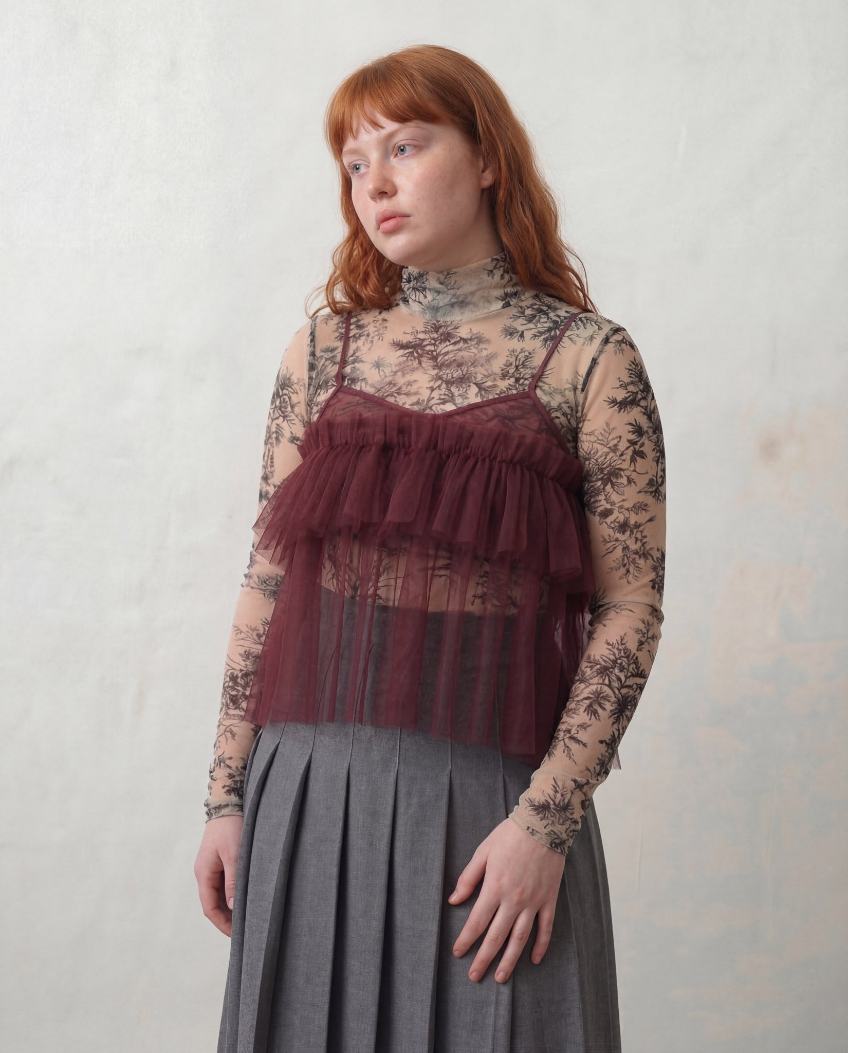 Burgundy Cecile Ruffled Tulle Layering Top - ALEX S. YU