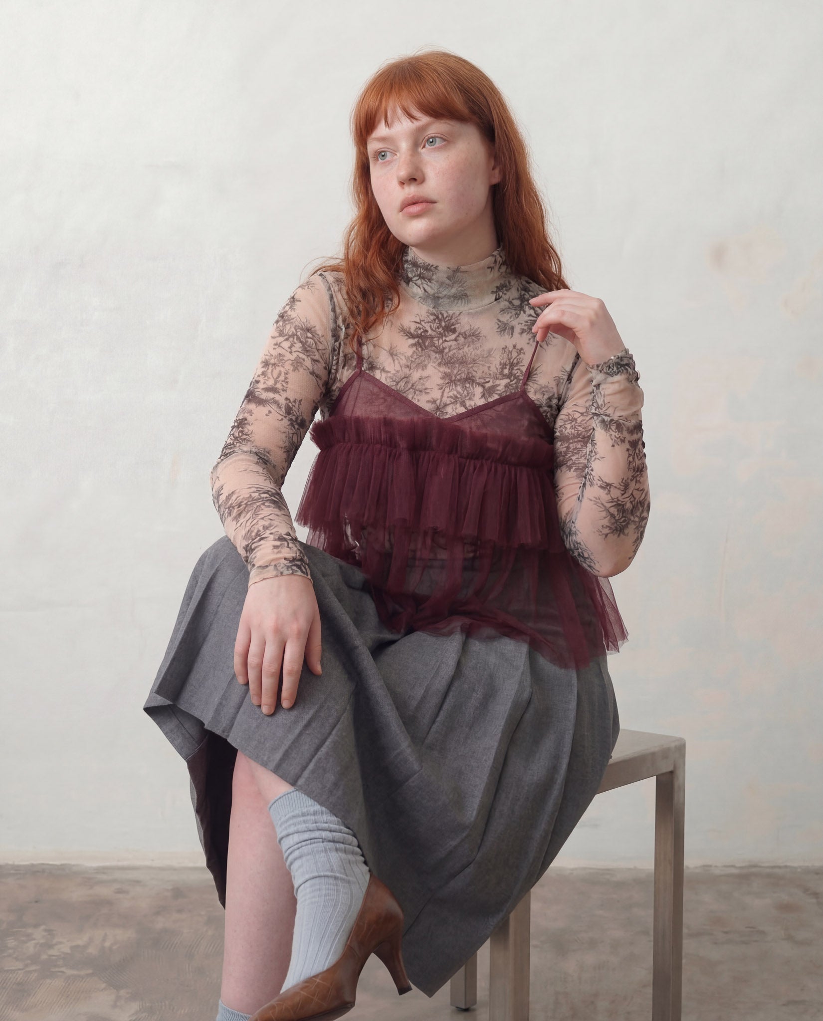 Burgundy Cecile Ruffled Tulle Layering Top - ALEX S. YU