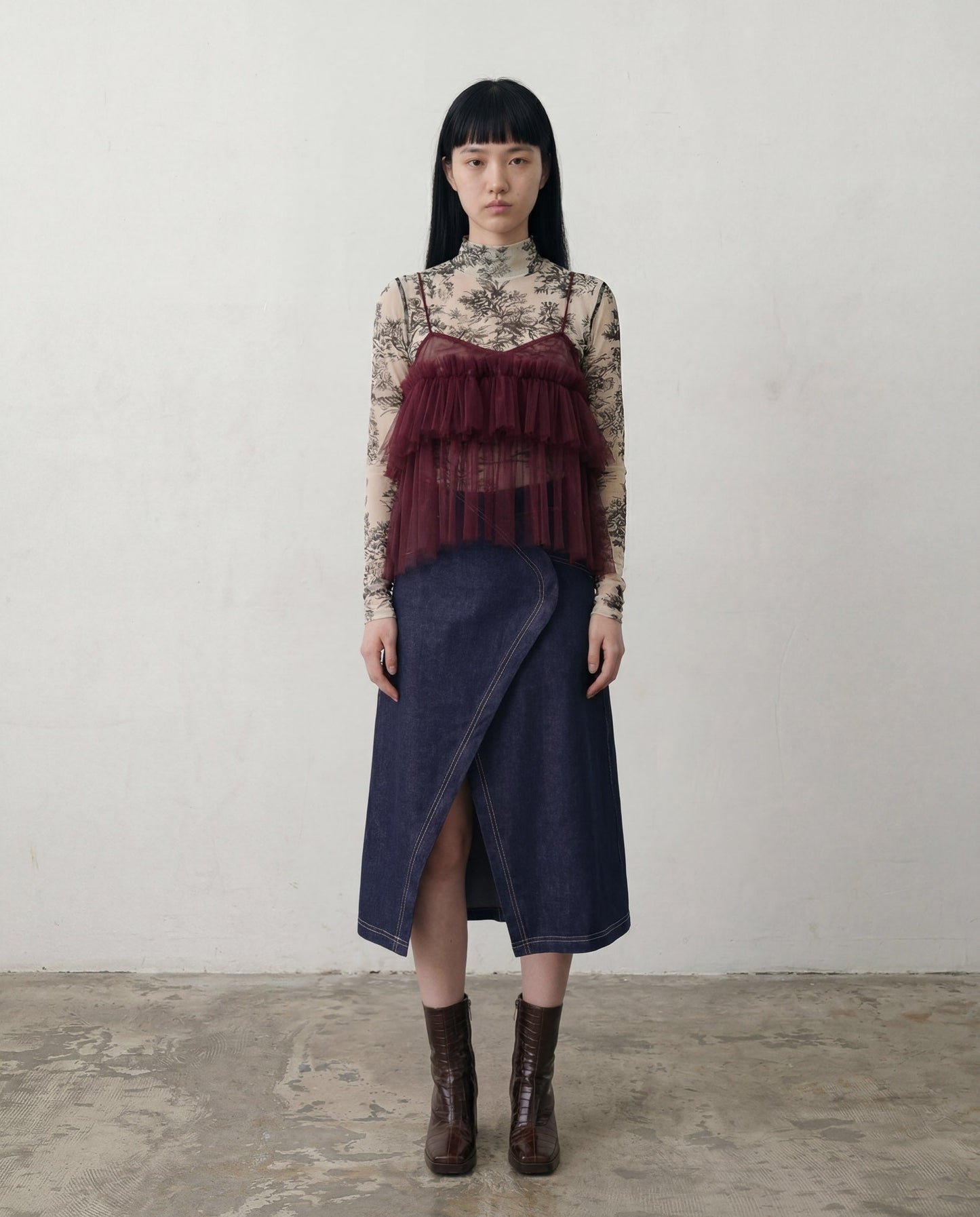 Burgundy Cecile Ruffled Tulle Layering Top - ALEX S. YU