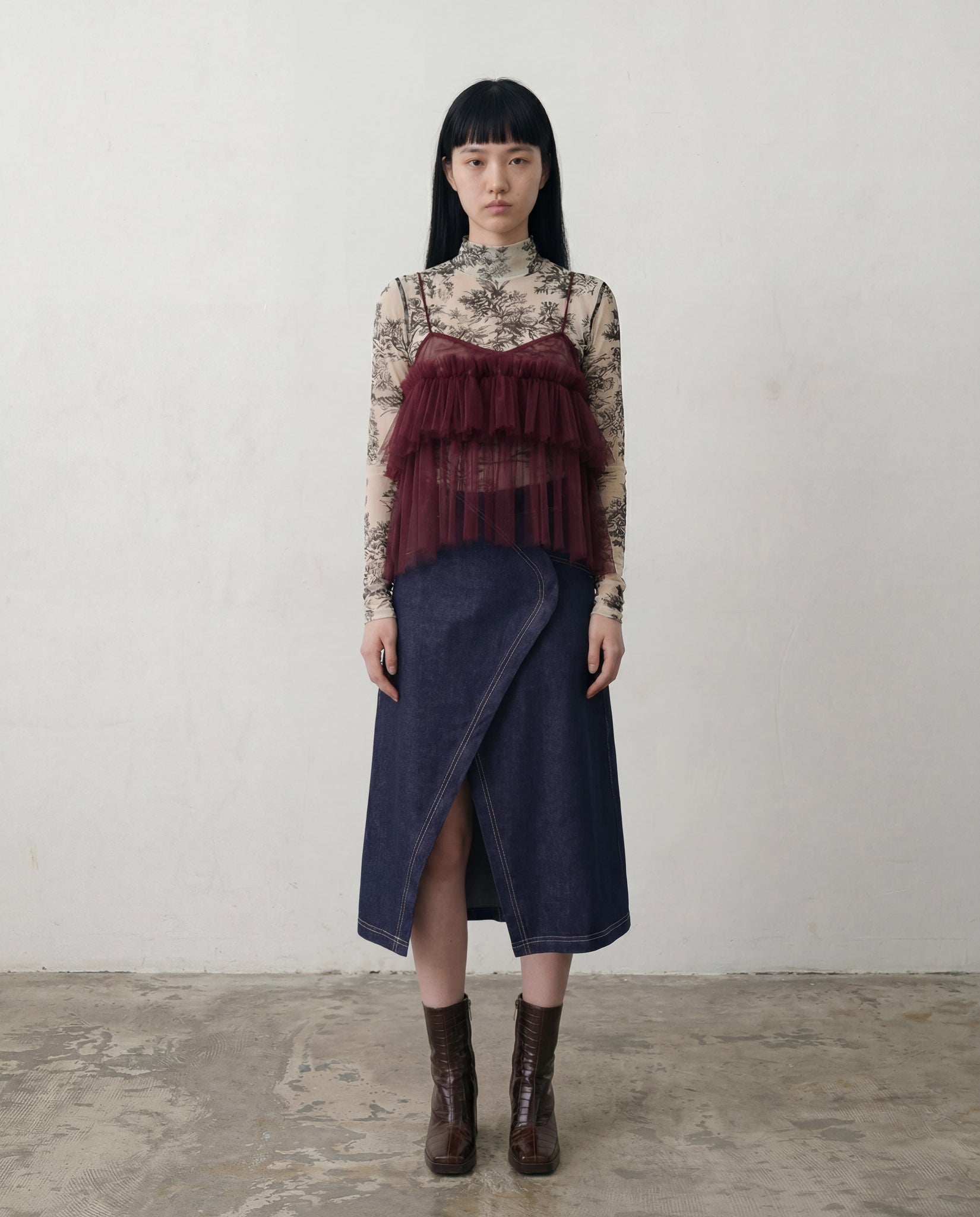 Burgundy Cecile Ruffled Tulle Layering Top - ALEX S. YU