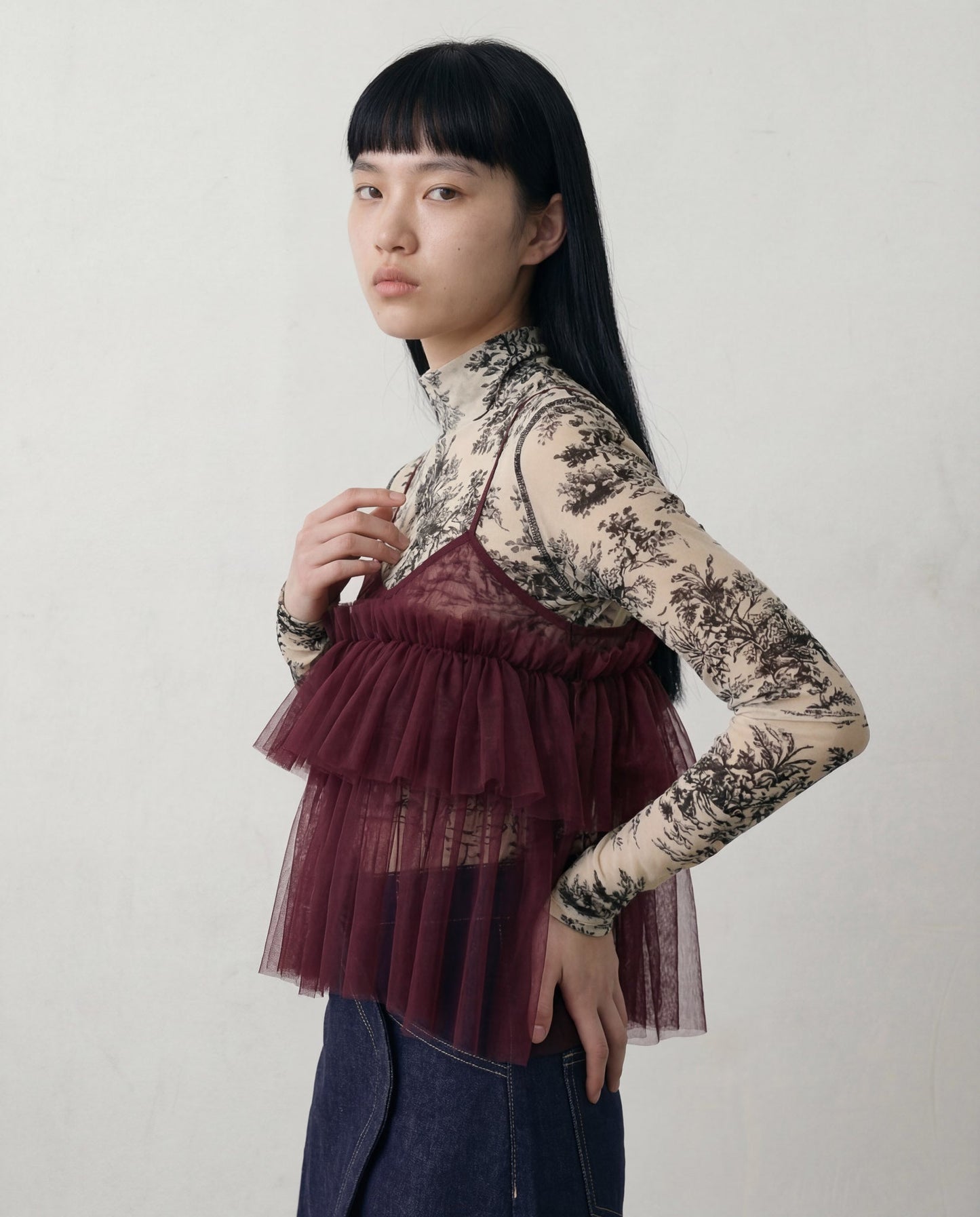Burgundy Cecile Ruffled Tulle Layering Top - ALEX S. YU