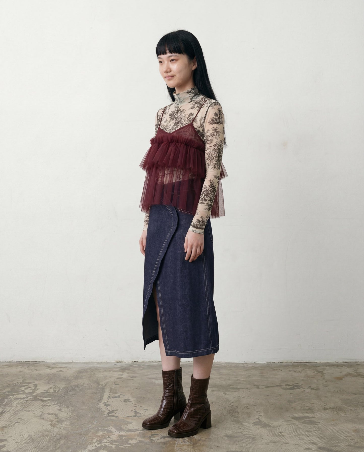 Burgundy Cecile Ruffled Tulle Layering Top - ALEX S. YU