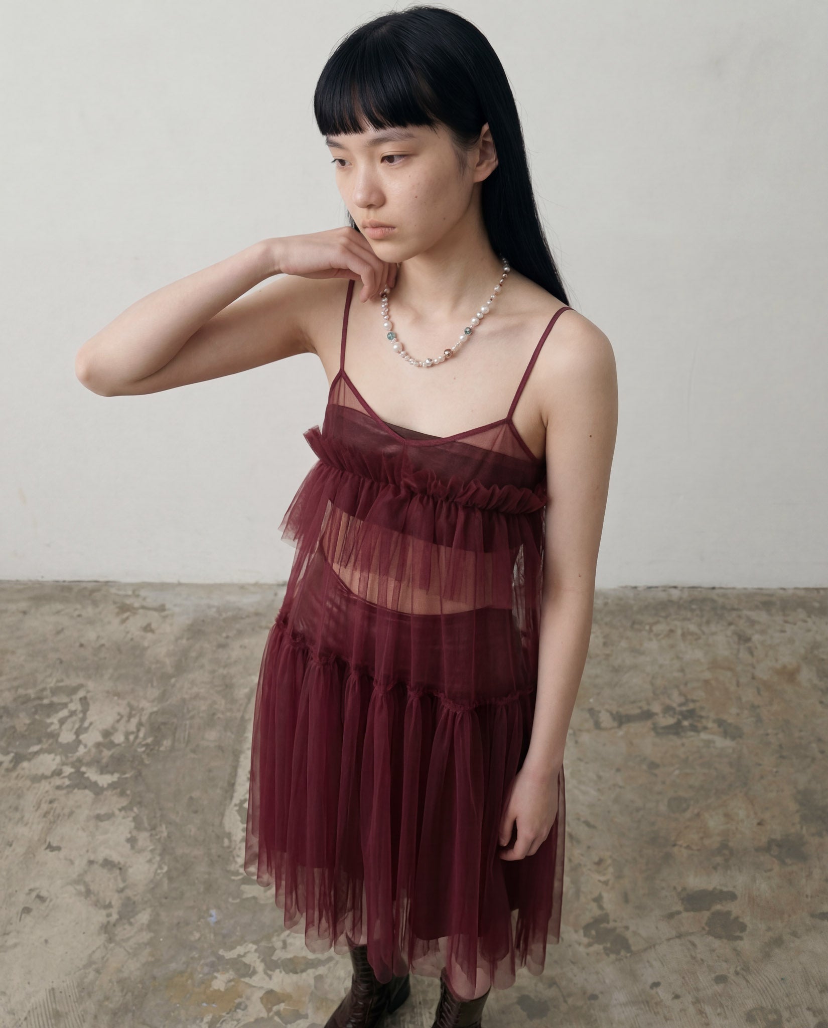 Burgundy Georgia Tiered Ruffle Tulle Dress - ALEX S. YU