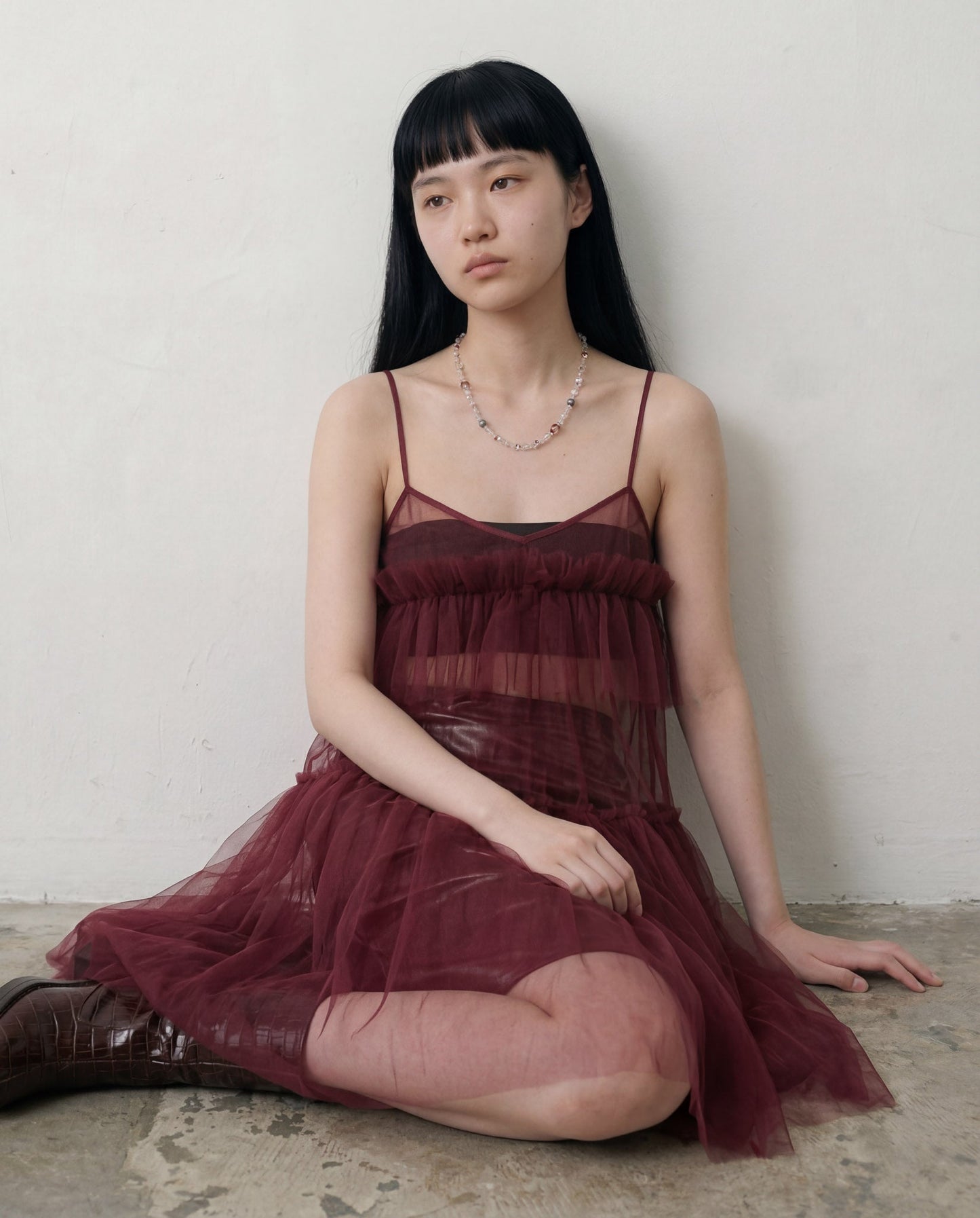 Burgundy Georgia Tiered Ruffle Tulle Dress - ALEX S. YU