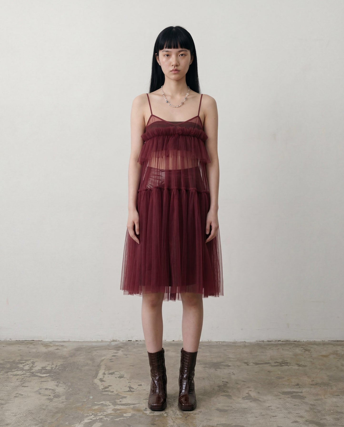 Burgundy Georgia Tiered Ruffle Tulle Dress - ALEX S. YU