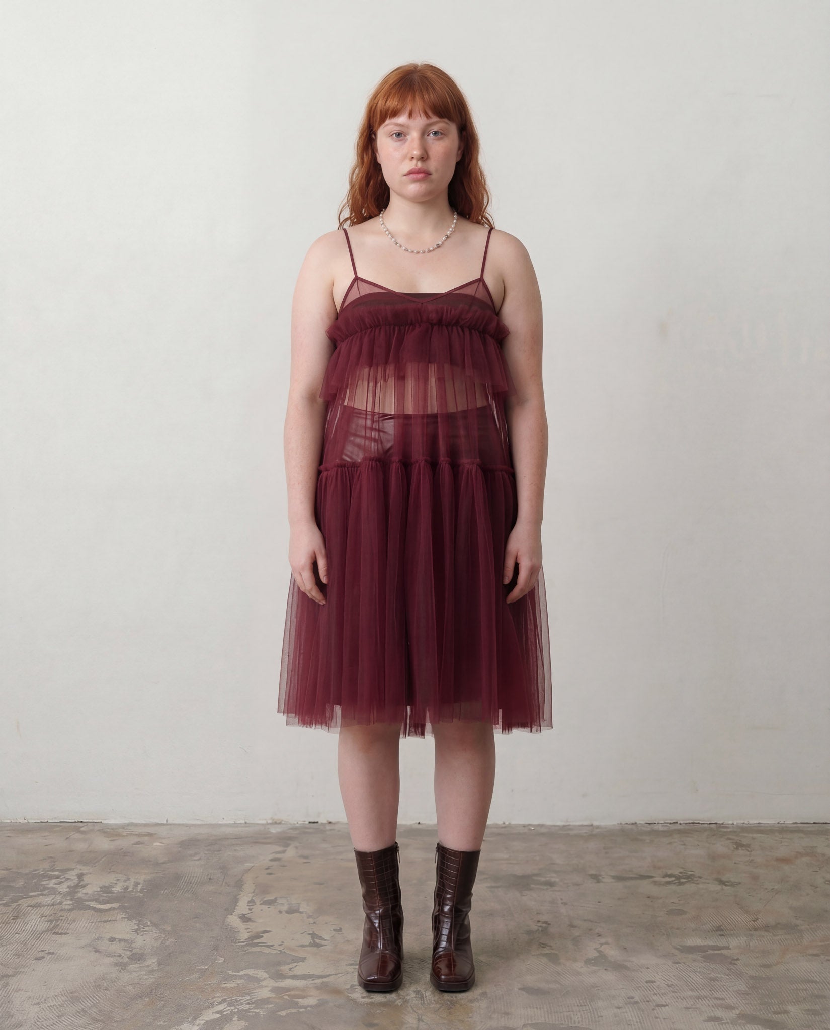 Burgundy Georgia Tiered Ruffle Tulle Dress - ALEX S. YU