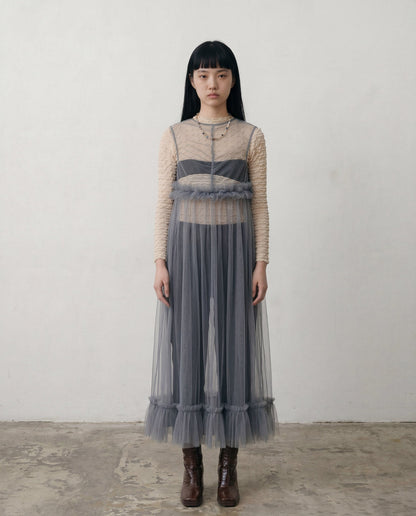 Grey Lula Ruched Tulle Maxi Dress - ALEX S. YU