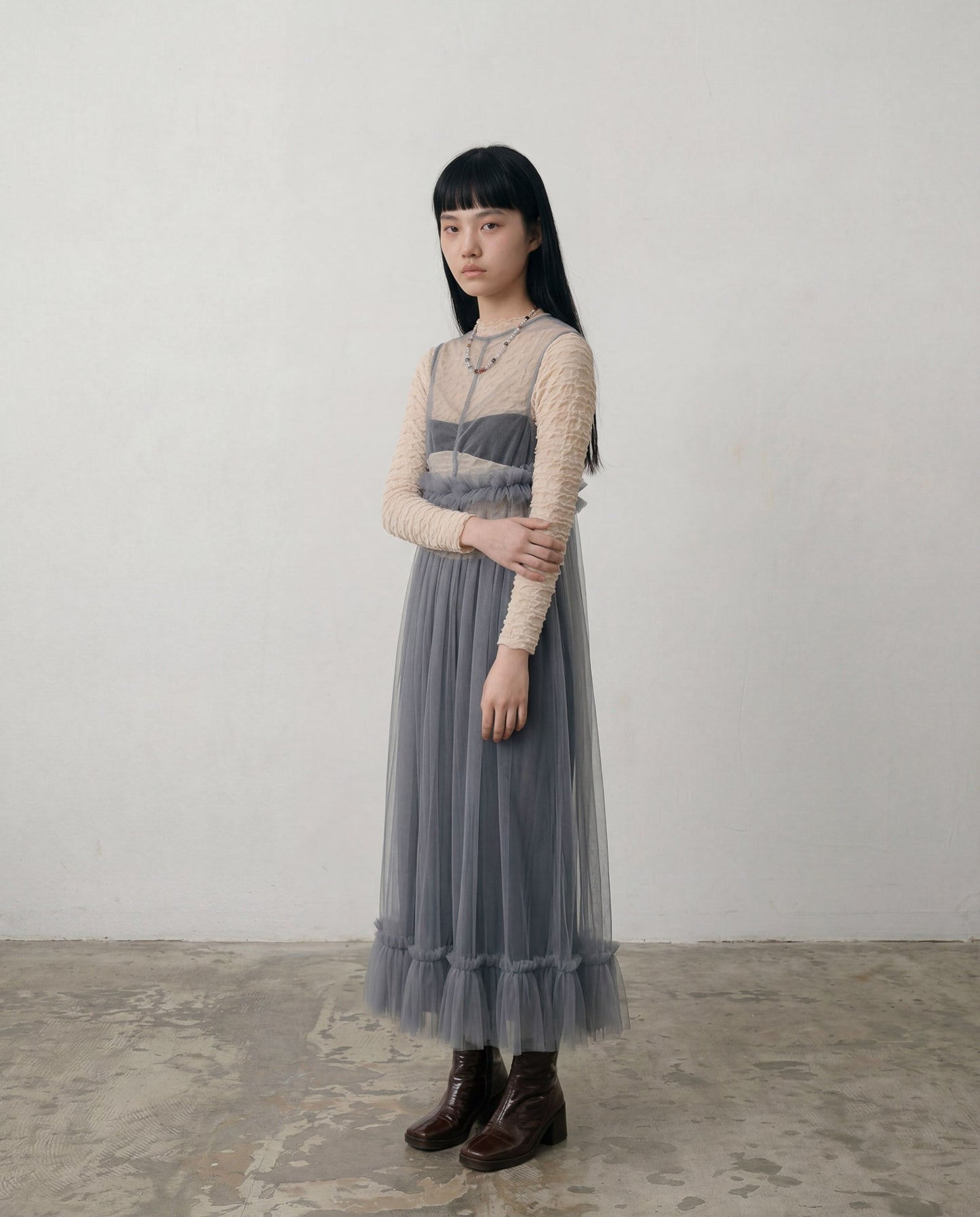 Grey Lula Ruched Tulle Maxi Dress - ALEX S. YU