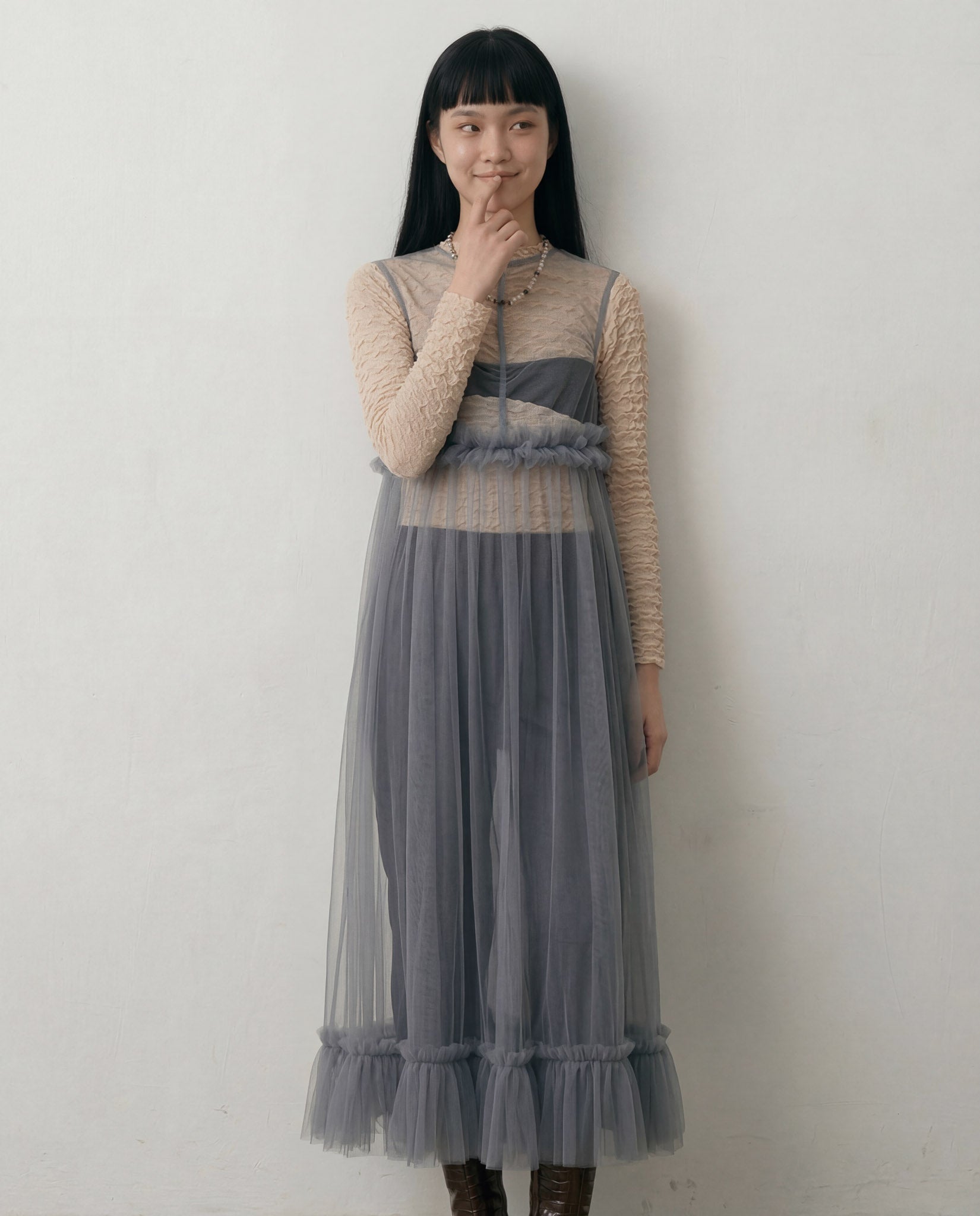 grey tulle maxi dress Polgram Sheer Ruffled Tulle Maxi Dress in Grey S