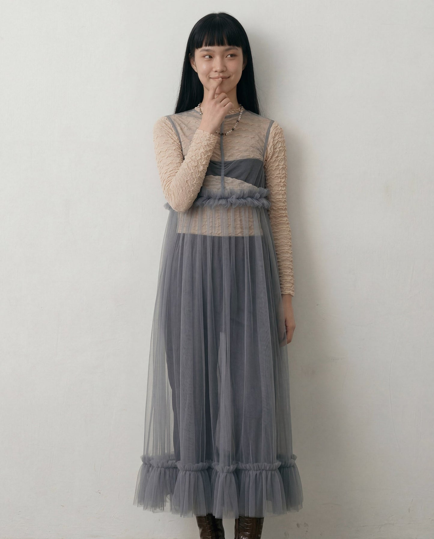 Grey Lula Ruched Tulle Maxi Dress - ALEX S. YU