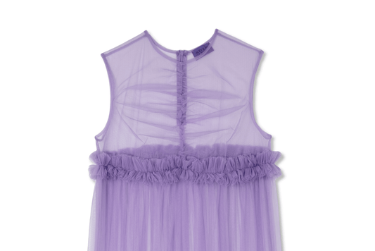 Back view of the Lavender Lula Dress, a whimsical ruched tulle midi dress by contemporary designer ALEX S. YU.